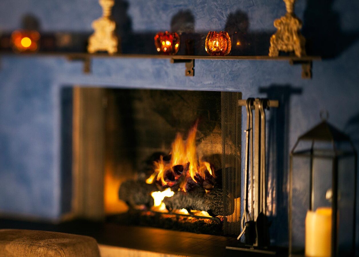blue fireplace in indoor restaurant