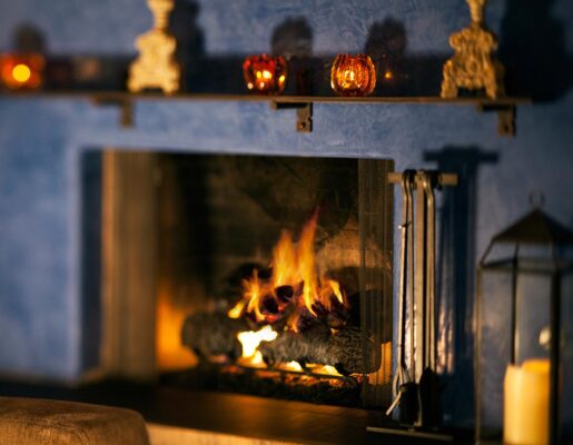 blue fireplace in indoor restaurant