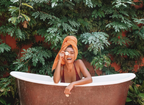 Woman in copper Spa Tub