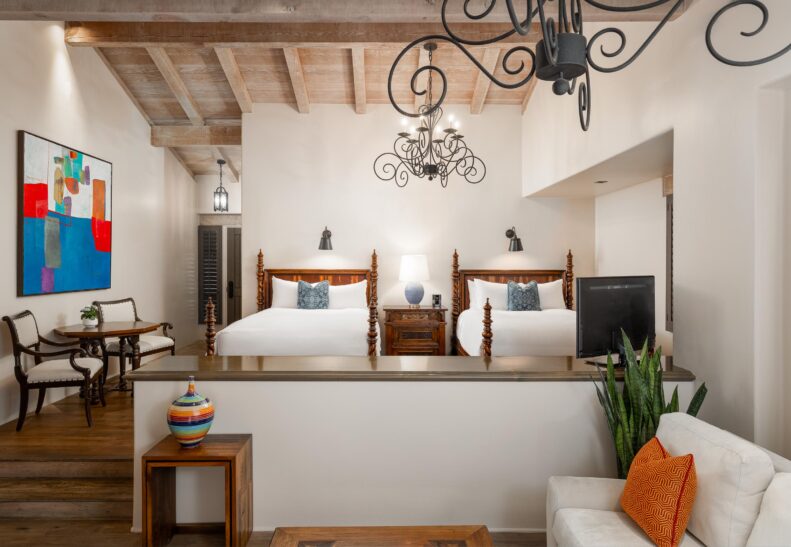 Agave Two Queen Suite looking at the queen beds from the sunken living area