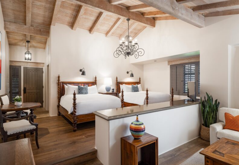 Agave Two Queen Suite looking at the queen beds from the sunken living area