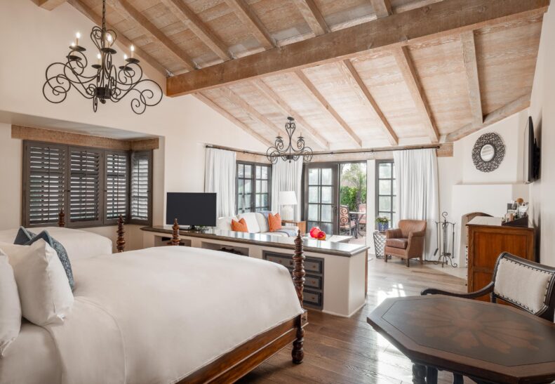 Eucalyptus ADA Two Queen Suite looking from entryway toward living area and patio door