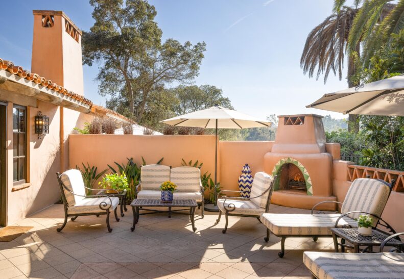 Olive Grove Two Queen ADA Patio with Fireplace, loungers, table/chairs