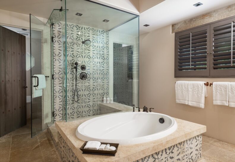 Valencia and Palm Suite Bathtub and glass shower